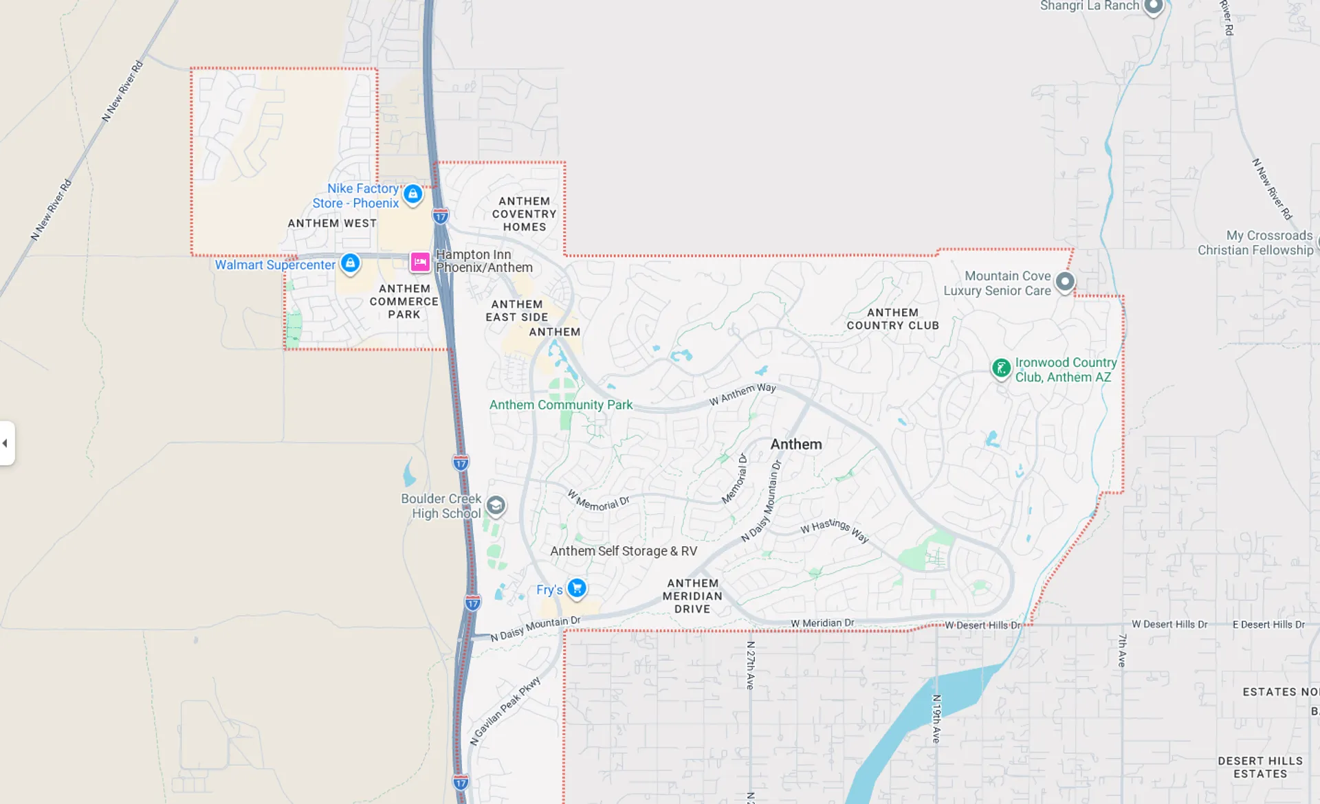 A Screenshot from Google Maps of the Anthem, AZ Area that Shamrock Heating & Cooling does HVAC Service in.