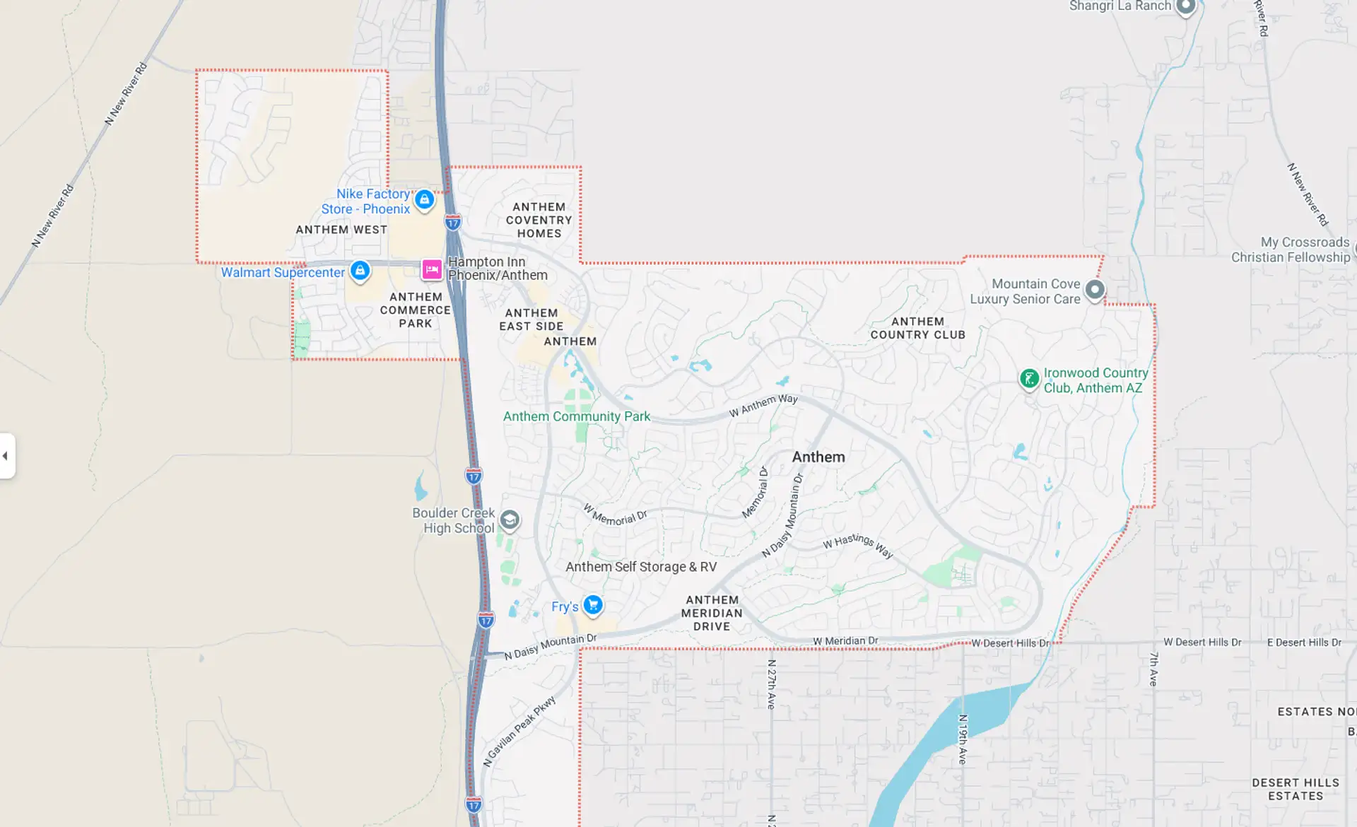 A Screenshot from Google Maps of the Anthem, AZ Area that Shamrock Heating & Cooling does HVAC Service in.