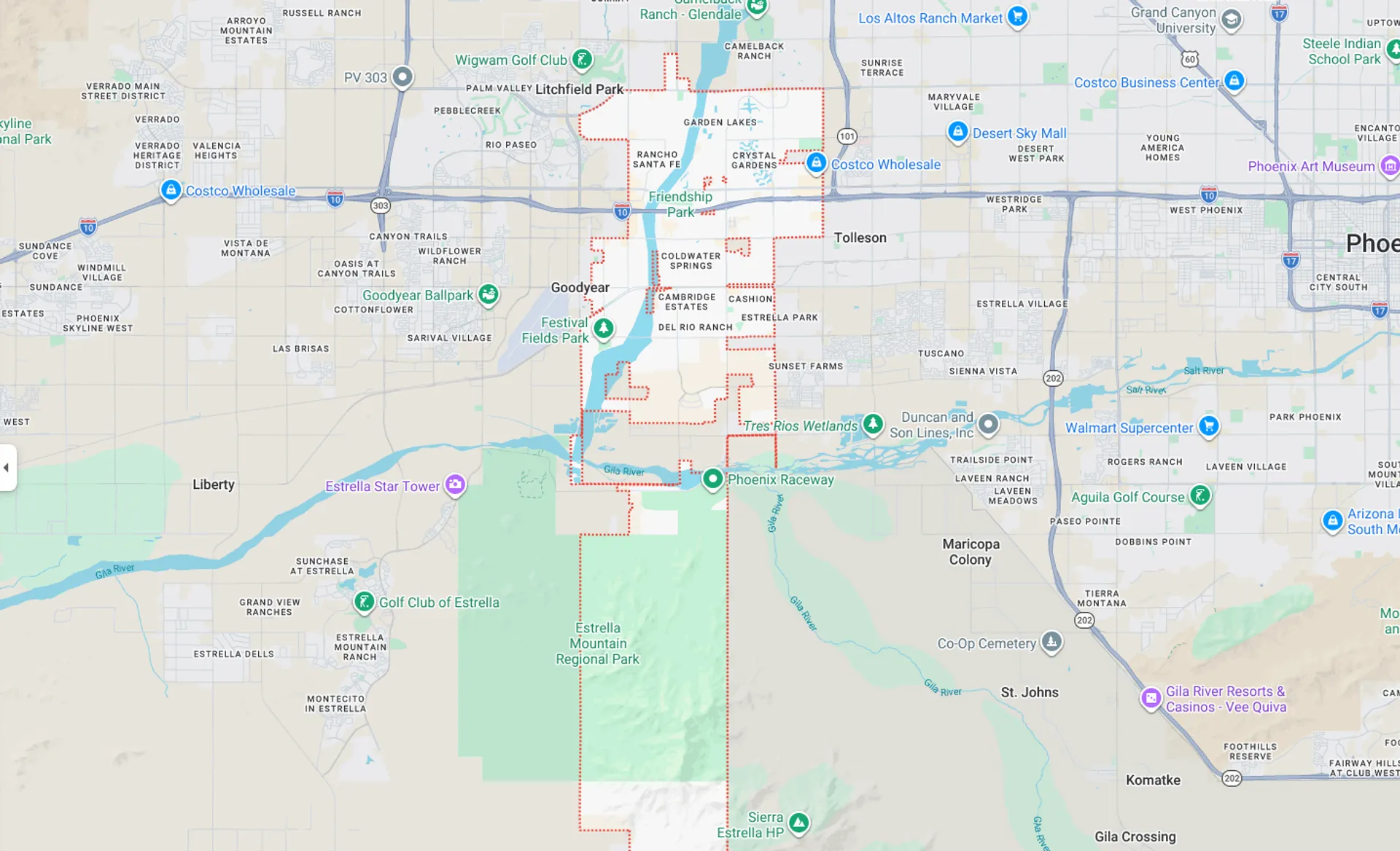 A Screenshot from Google Maps of the Avondale, AZ Area that Shamrock Heating & Cooling does HVAC Service in.