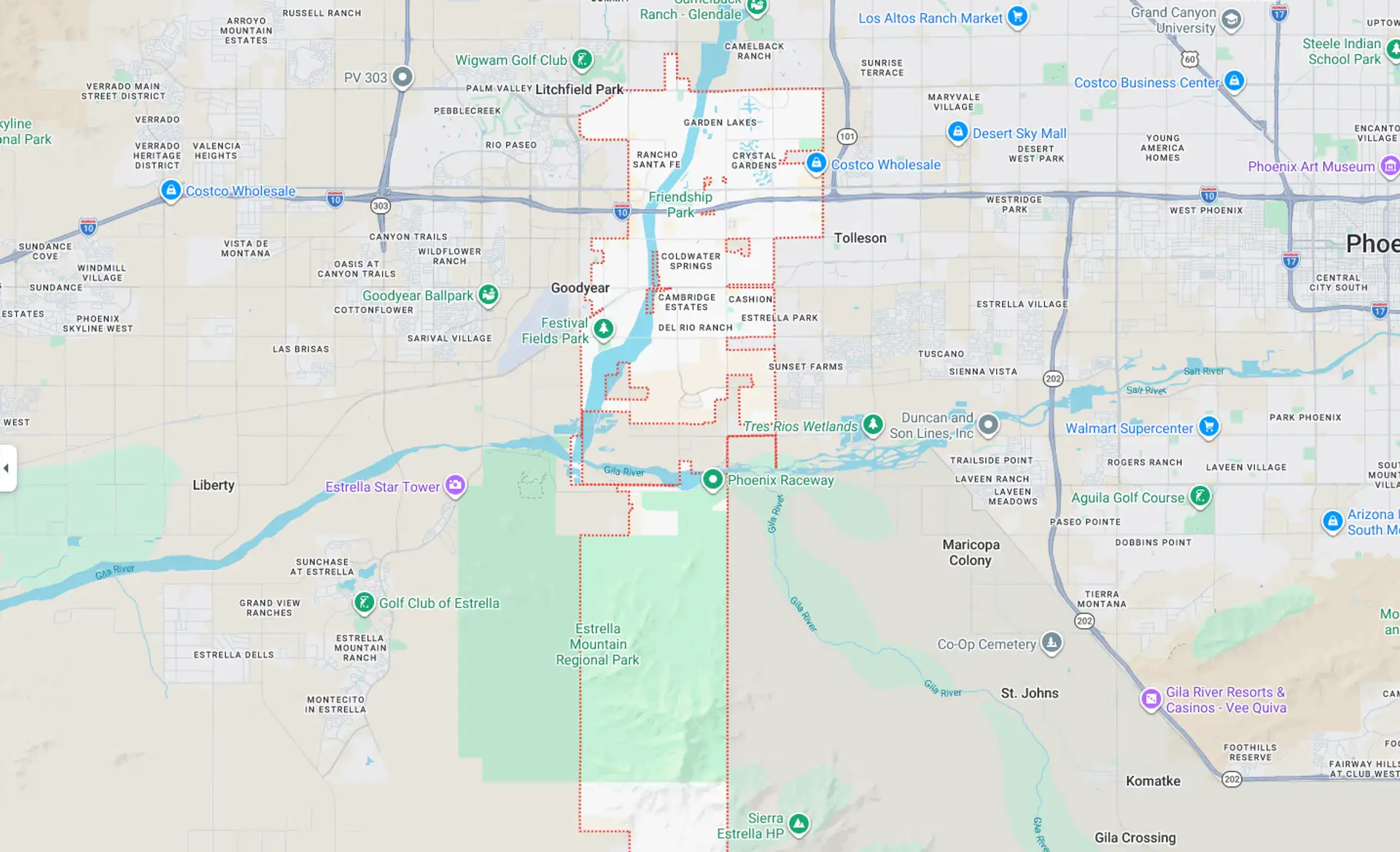 A Screenshot from Google Maps of the Avondale, AZ Area that Shamrock Heating & Cooling does HVAC Service in.