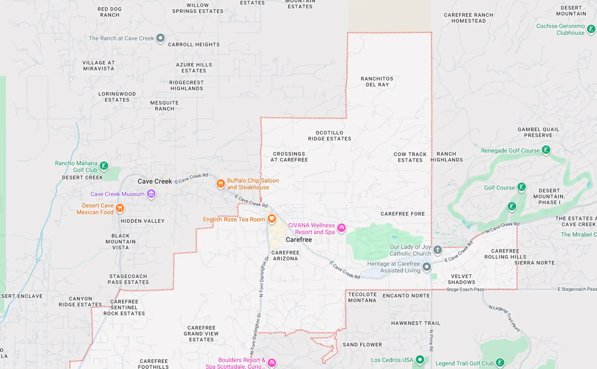 A Screenshot from Google Maps of the Carefree, AZ Area that Shamrock Heating & Cooling does HVAC Service in.