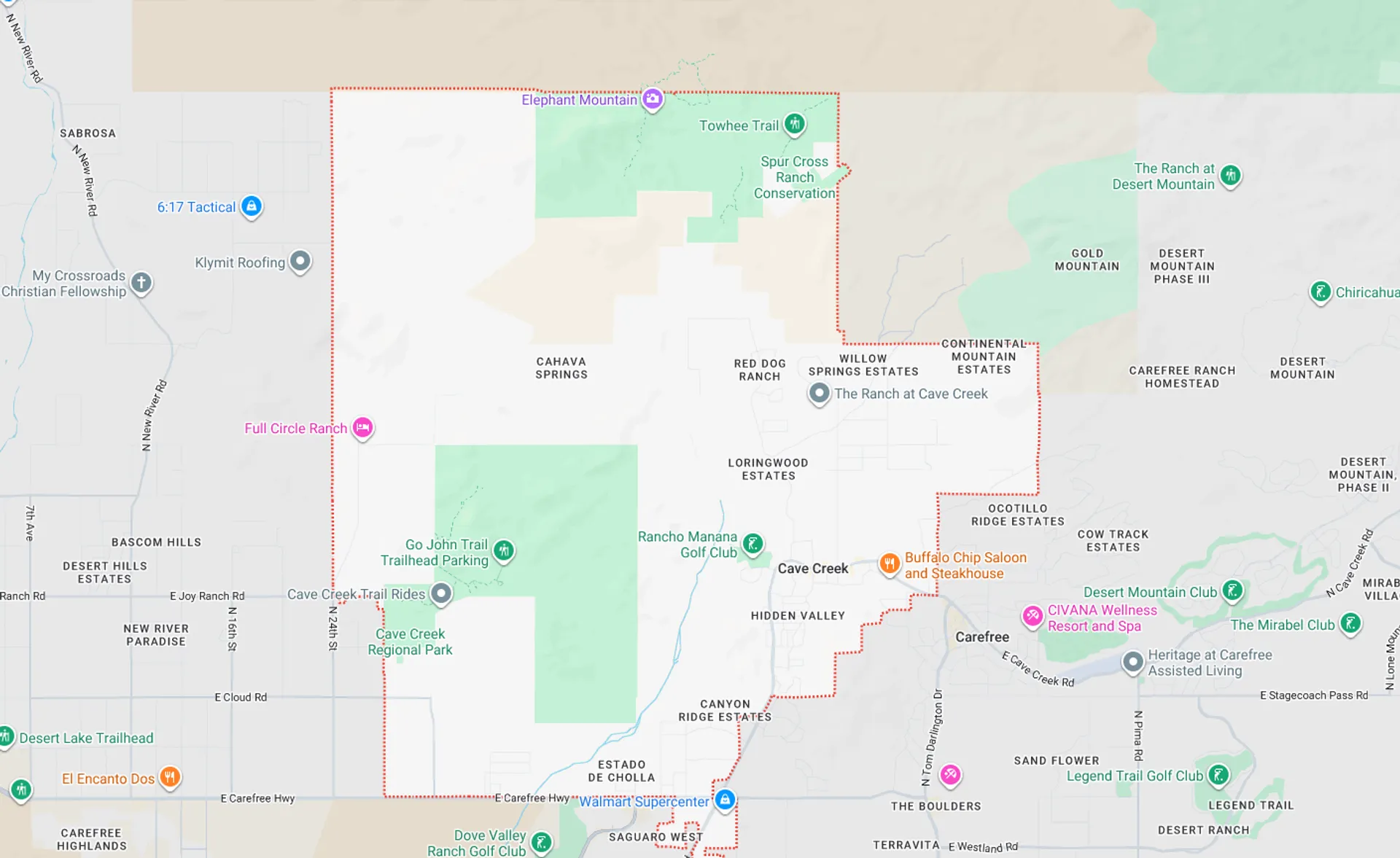 A Screenshot from Google Maps of the Cave Creek, AZ Area that Shamrock Heating & Cooling does HVAC Service in.