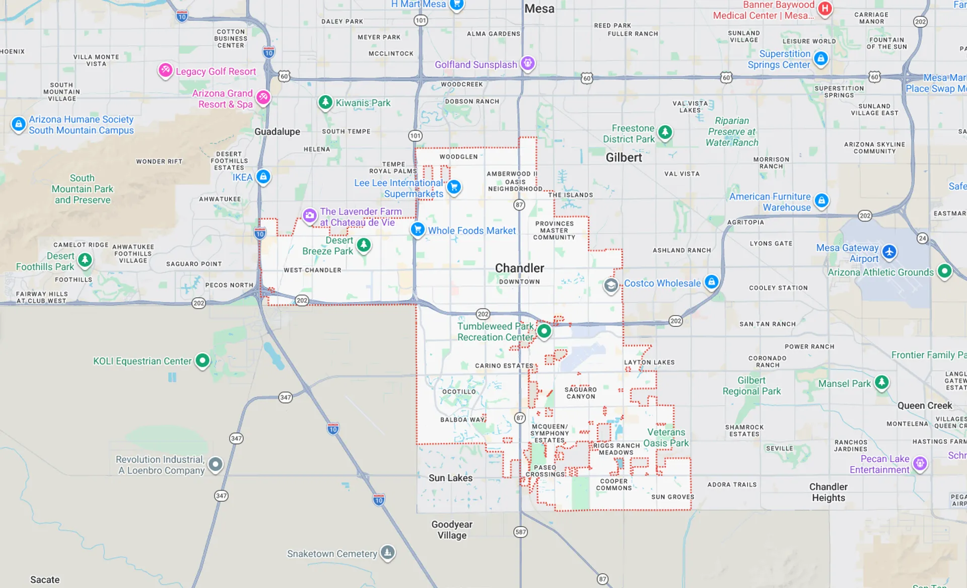 A Screenshot from Google Maps of the Chandler, AZ Area that Shamrock Heating & Cooling does HVAC Service in.