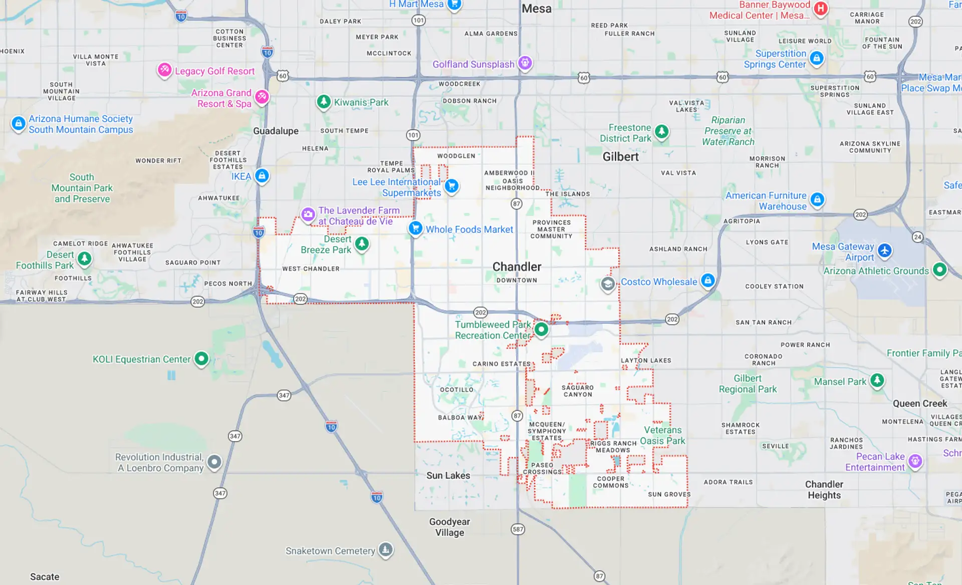 A Screenshot from Google Maps of the Chandler, AZ Area that Shamrock Heating & Cooling does HVAC Service in.