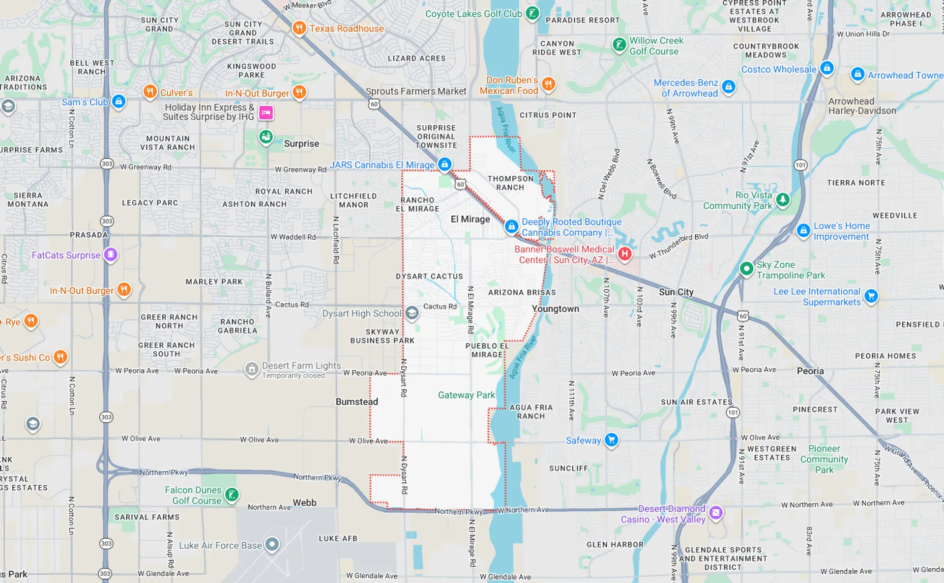 A Screenshot from Google Maps of the El Mirage, AZ Area that Shamrock Heating & Cooling does HVAC Service in.