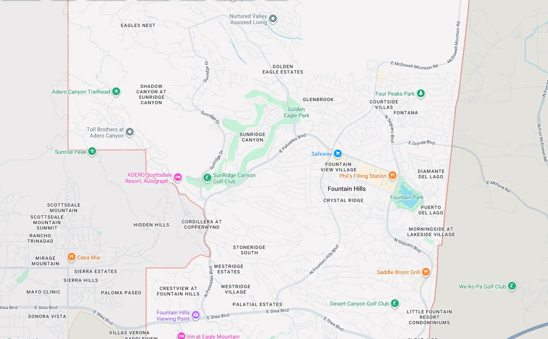 A Screenshot from Google Maps of the Fountain Hills, AZ Area that Shamrock Heating & Cooling does HVAC Service in.