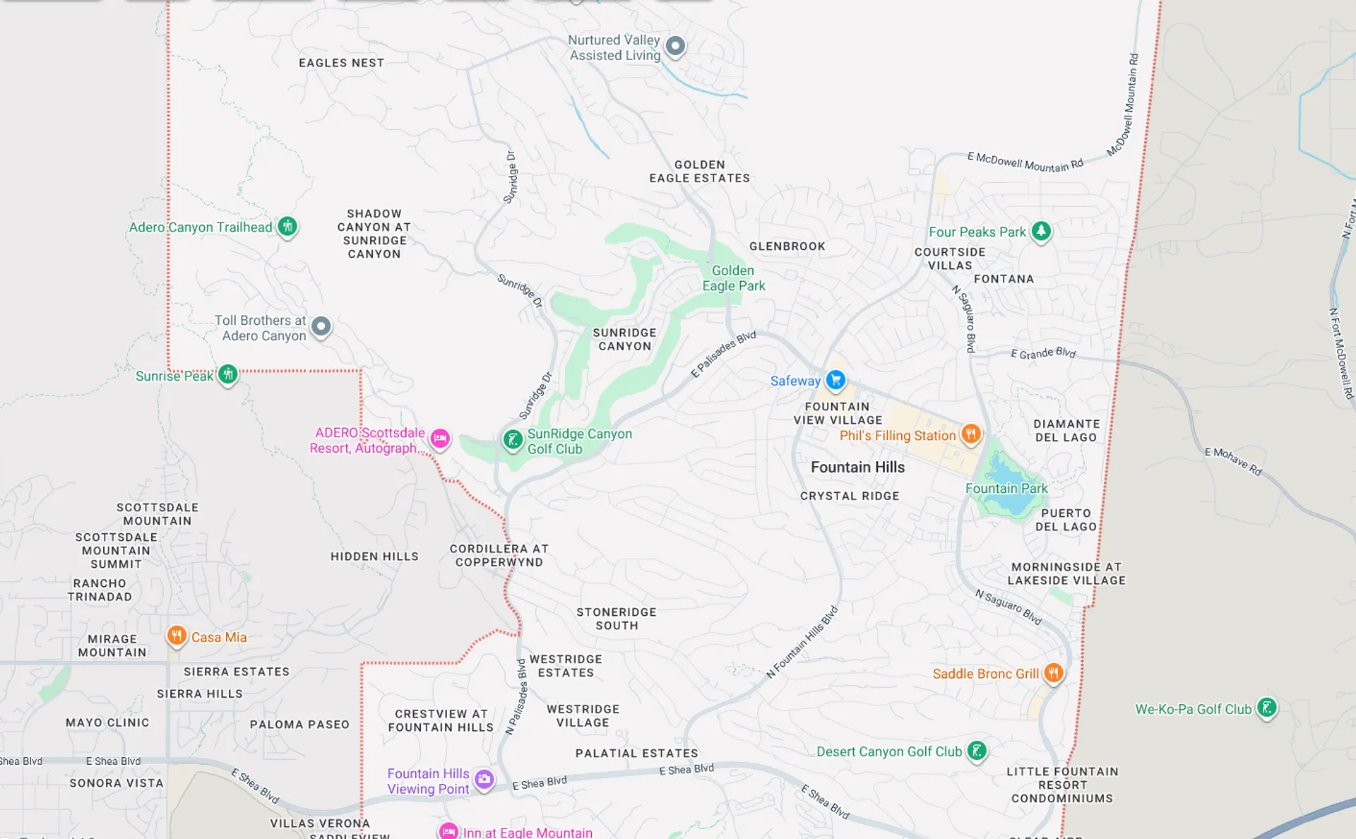 A Screenshot from Google Maps of the Fountain Hills, AZ Area that Shamrock Heating & Cooling does HVAC Service in.