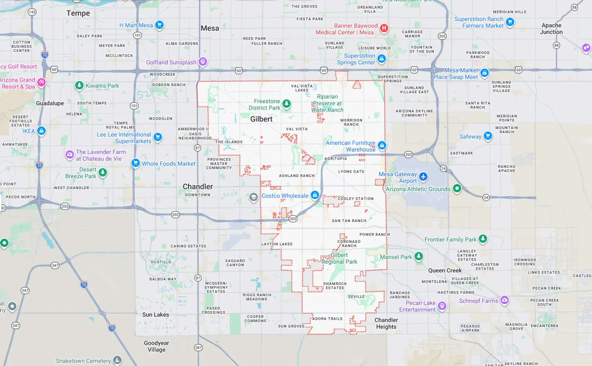 A Screenshot from Google Maps of the Gilbert, AZ Area that Shamrock Heating & Cooling does HVAC Service in.