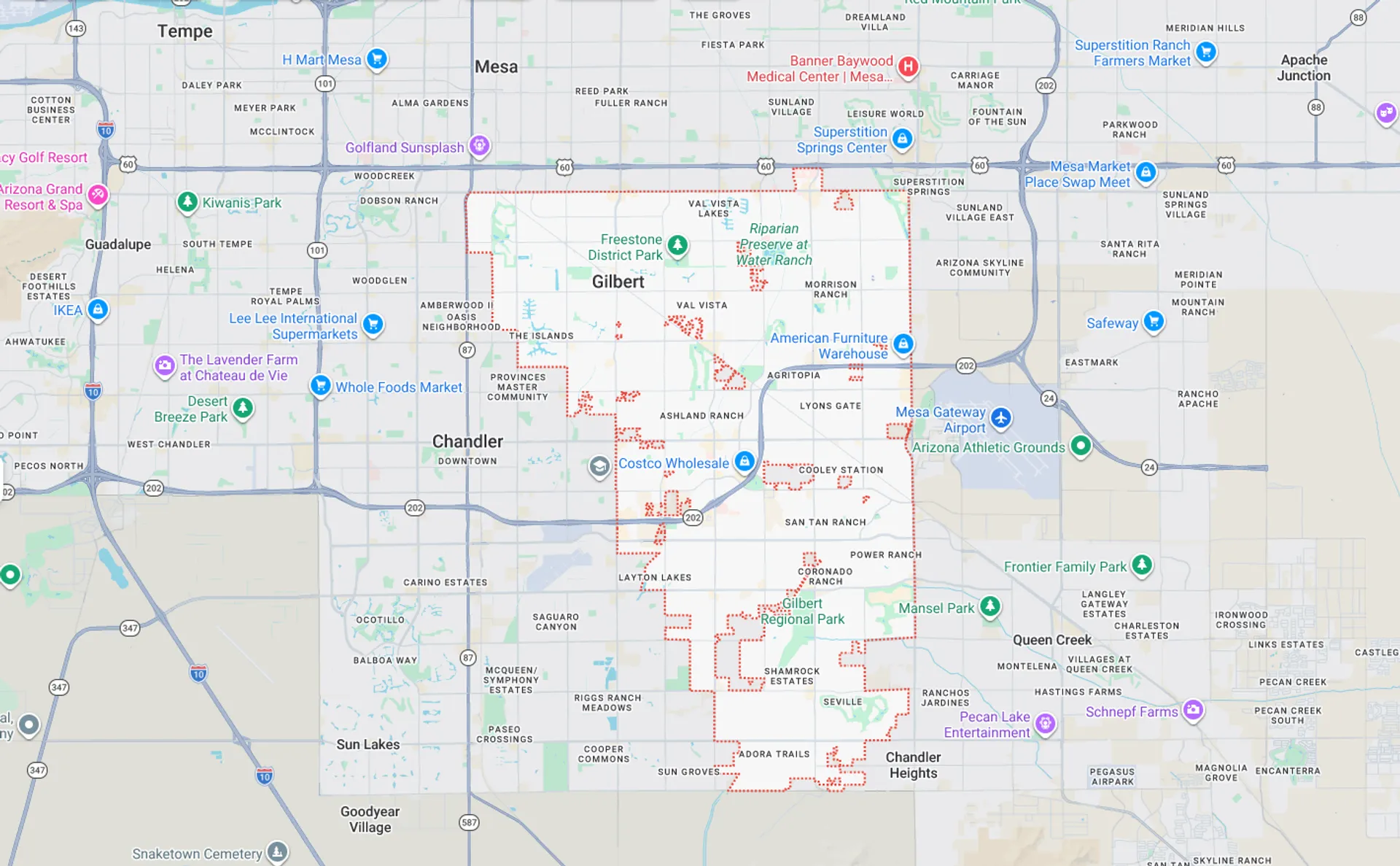 A Screenshot from Google Maps of the Gilbert, AZ Area that Shamrock Heating & Cooling does HVAC Service in.