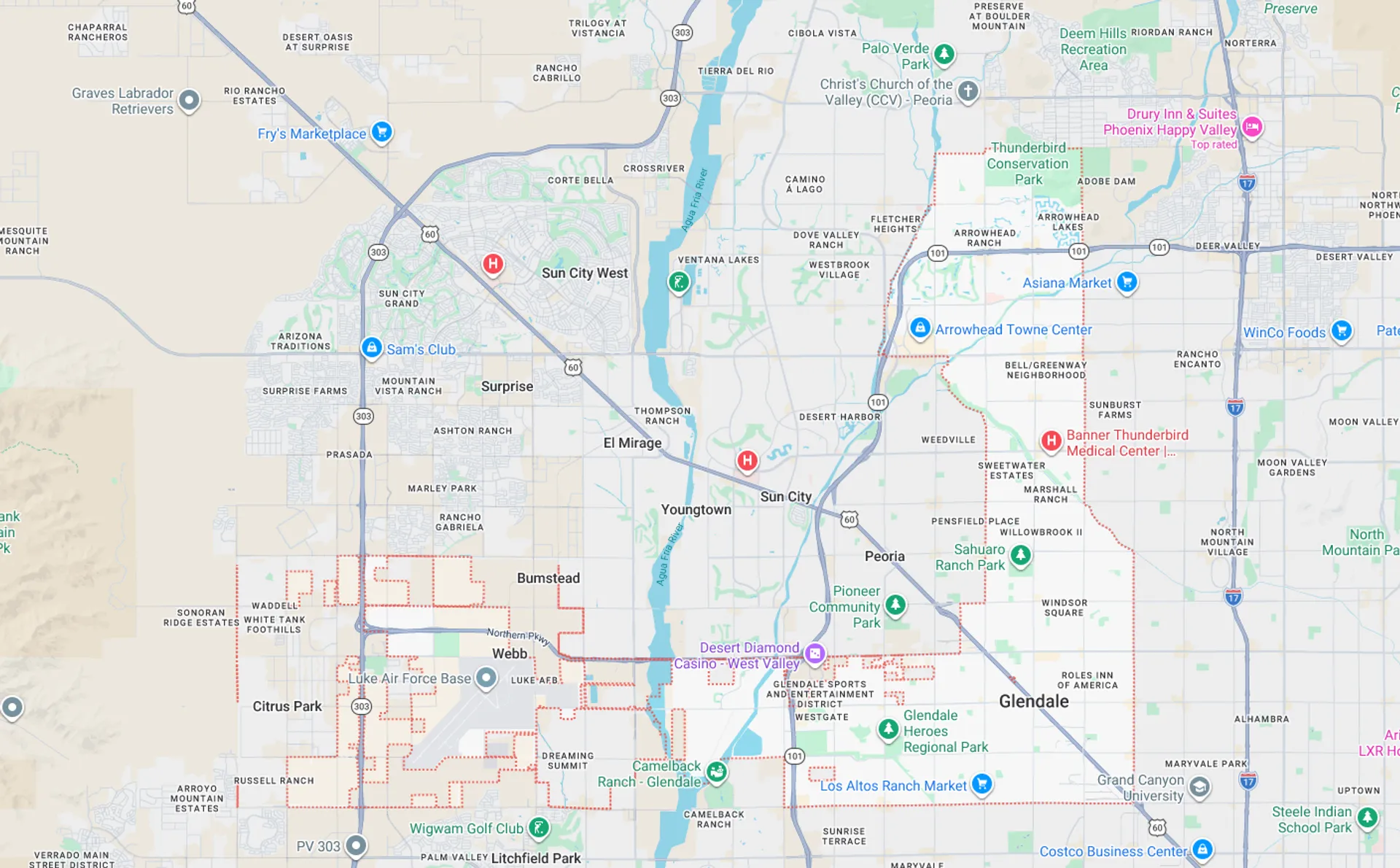 A Screenshot from Google Maps of the Glendale, AZ Area that Shamrock Heating & Cooling does HVAC Service in.