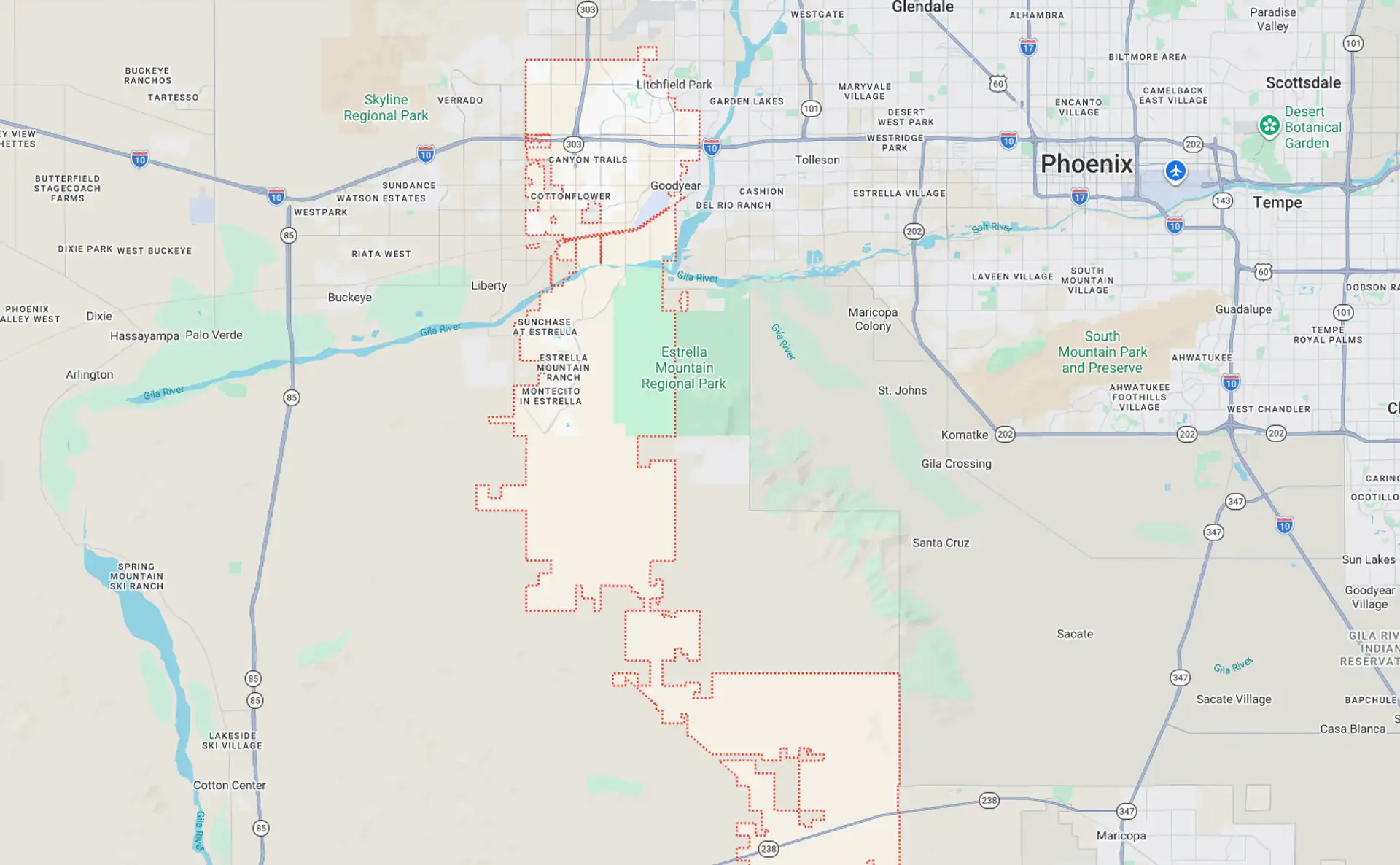 A Screenshot from Google Maps of the Goodyear, AZ Area that Shamrock Heating & Cooling does HVAC Service in.