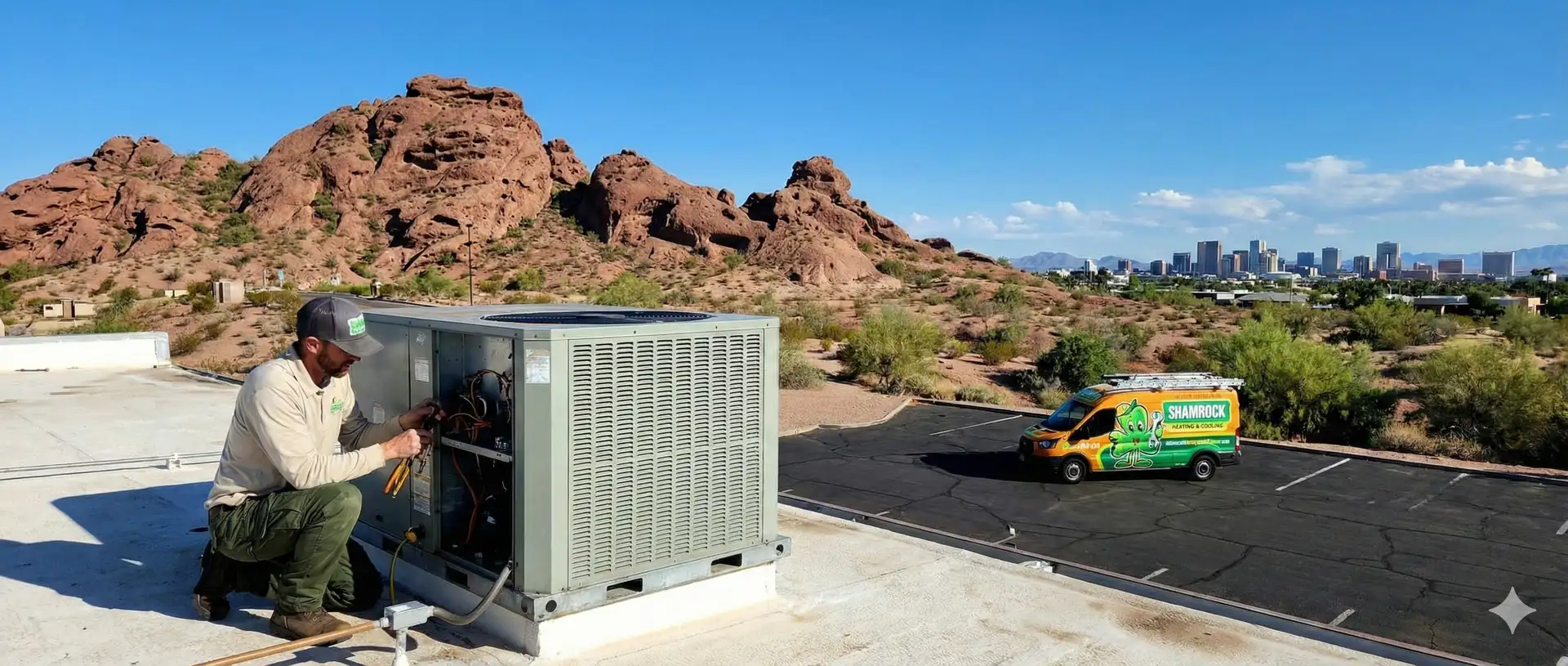 Shamrock Heating & Cooling HVAC Service Van Parked in front of Arizona Rocky Landscape.