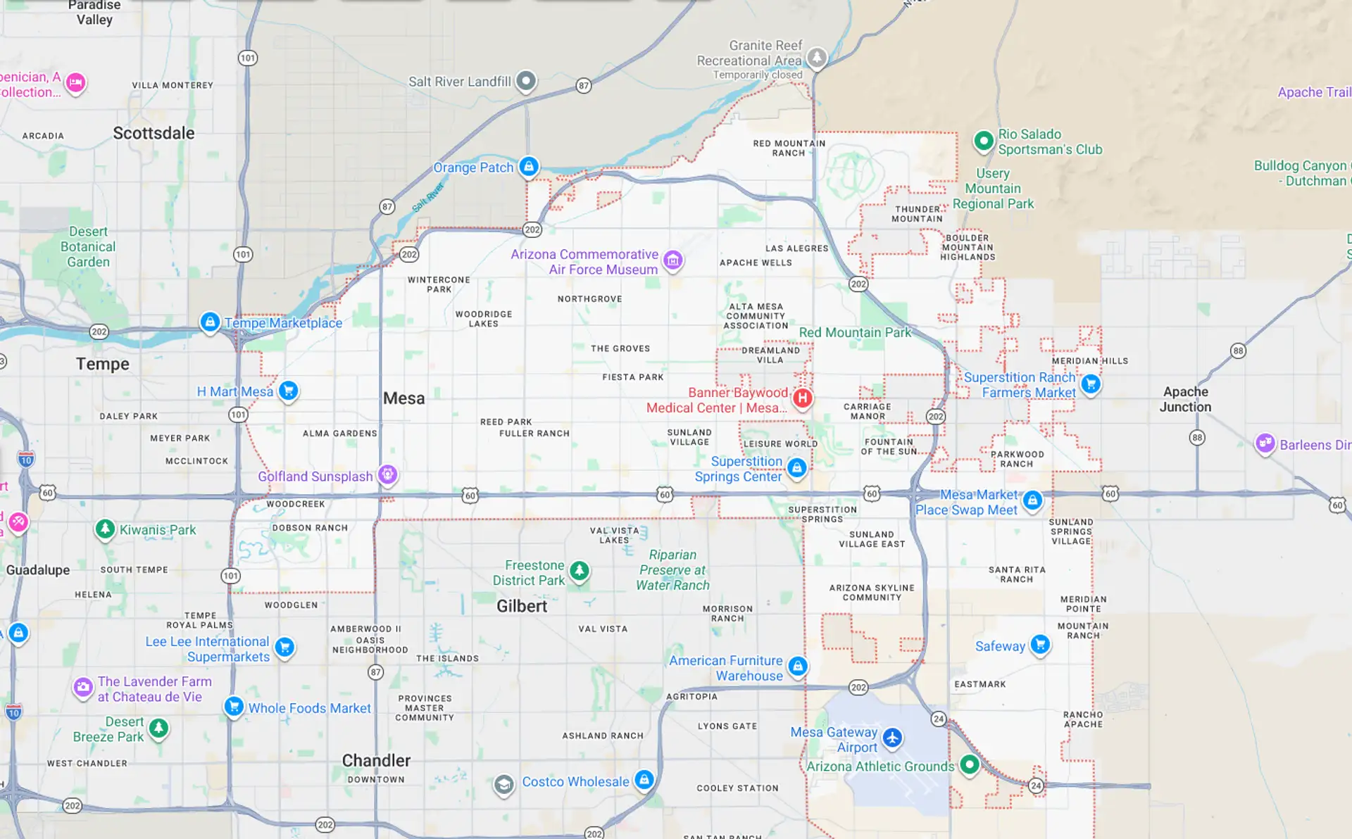 A Screenshot from Google Maps of the Mesa, AZ Area that Shamrock Heating & Cooling does HVAC Service in.