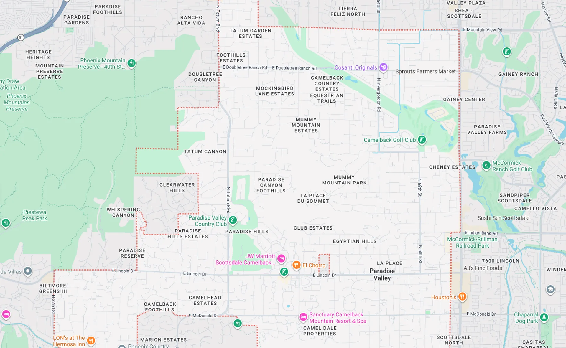 A Screenshot from Google Maps of the Paradise Valley, AZ Area that Shamrock Heating & Cooling does HVAC Service in.
