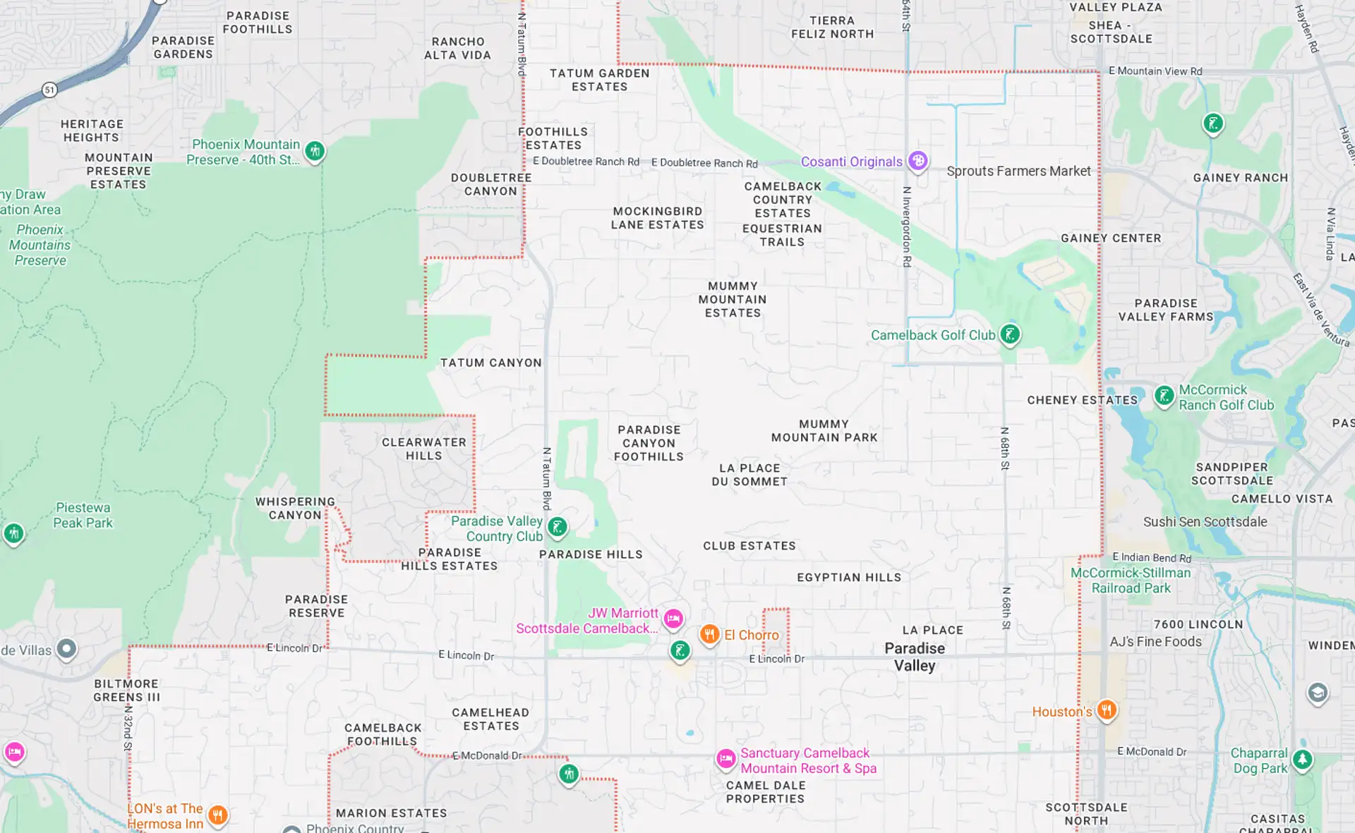 A Screenshot from Google Maps of the Paradise Valley, AZ Area that Shamrock Heating & Cooling does HVAC Service in.