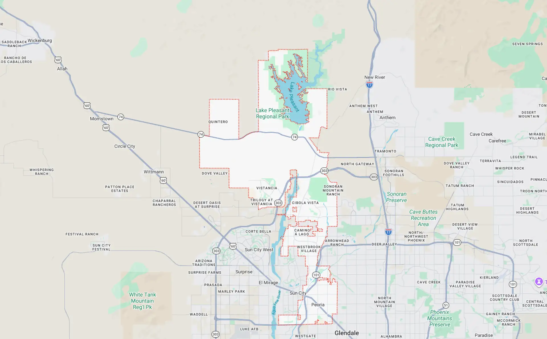 A Screenshot from Google Maps of the Peoria, AZ Area that Shamrock Heating & Cooling does HVAC Service in.
