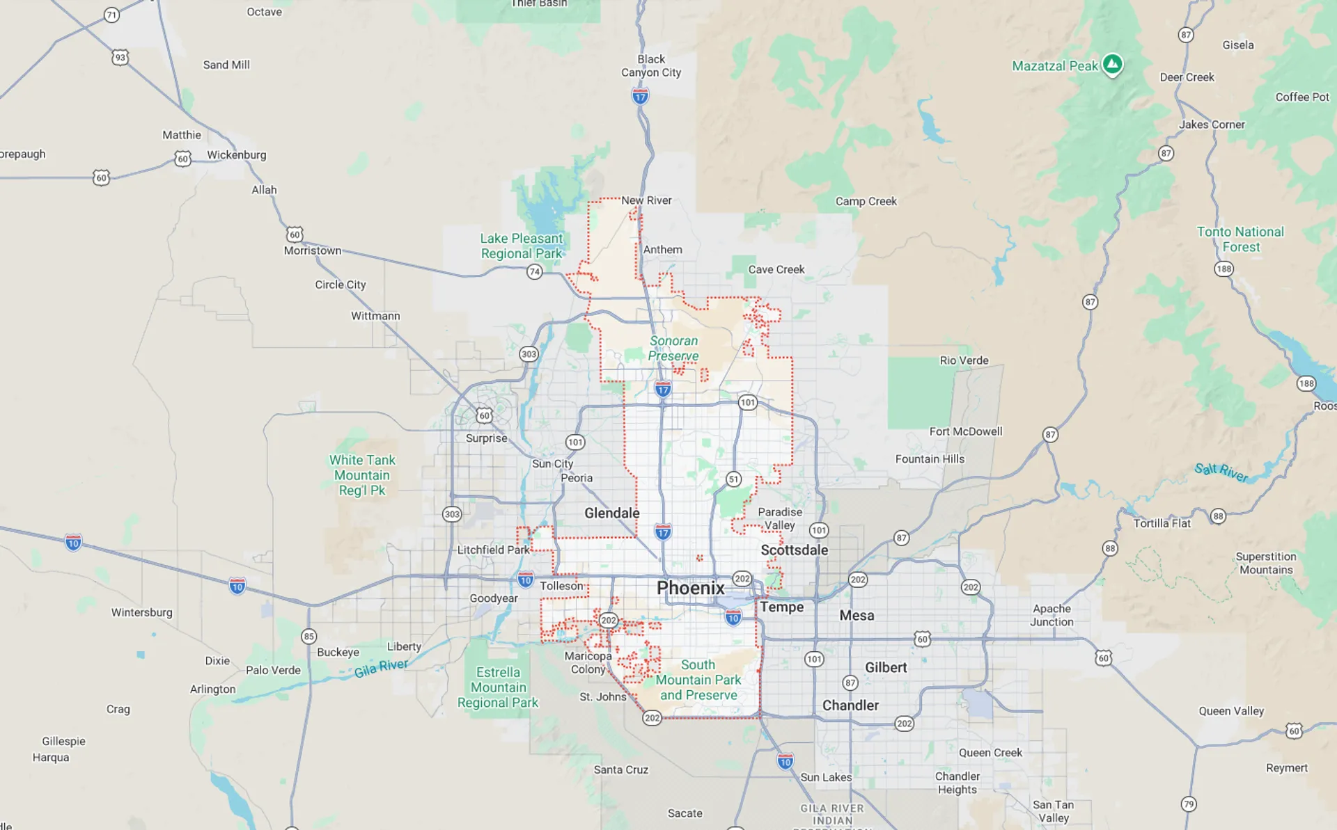 A Screenshot from Google Maps of the Phoenix, AZ Area that Shamrock Heating & Cooling does HVAC Service in.