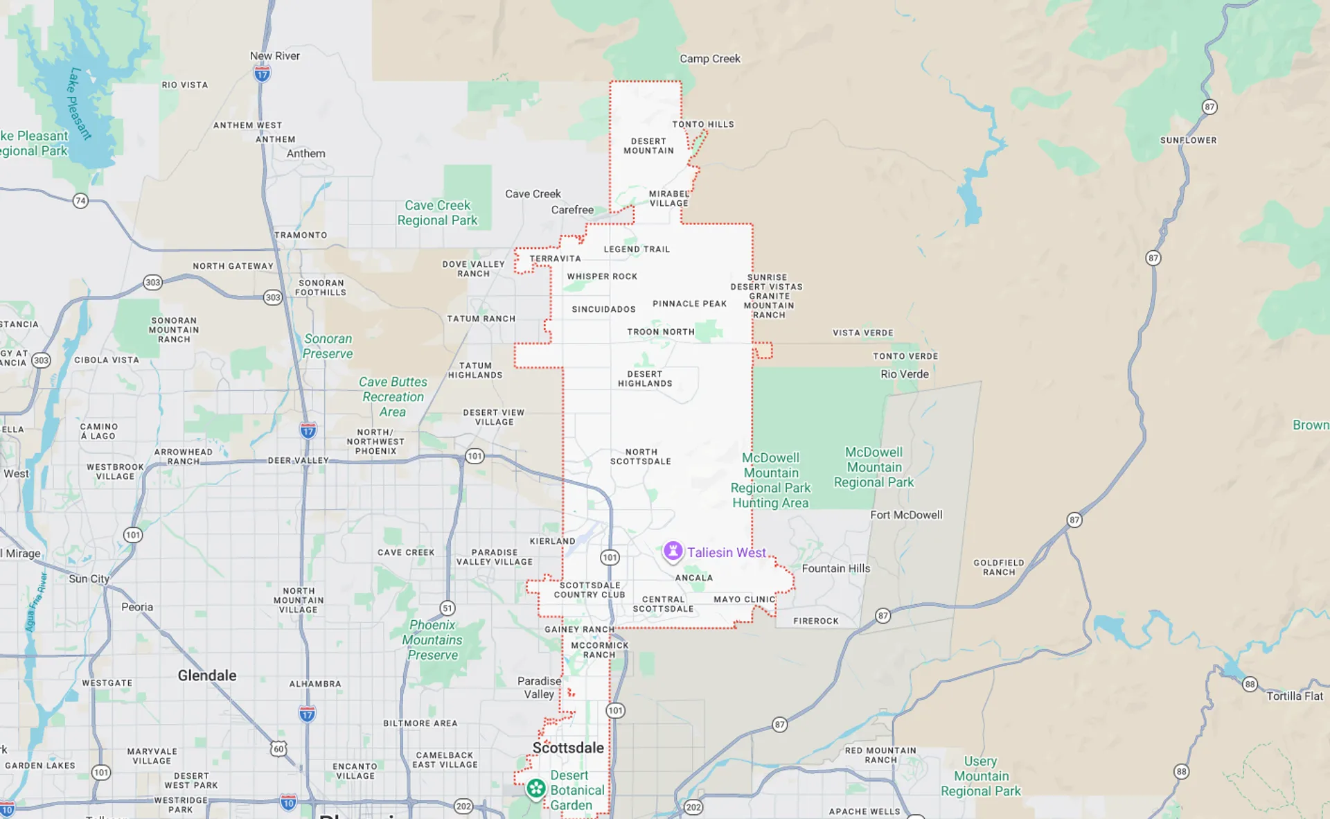 A Screenshot from Google Maps of the Scottsdale, AZ Area that Shamrock Heating & Cooling does HVAC Service in.