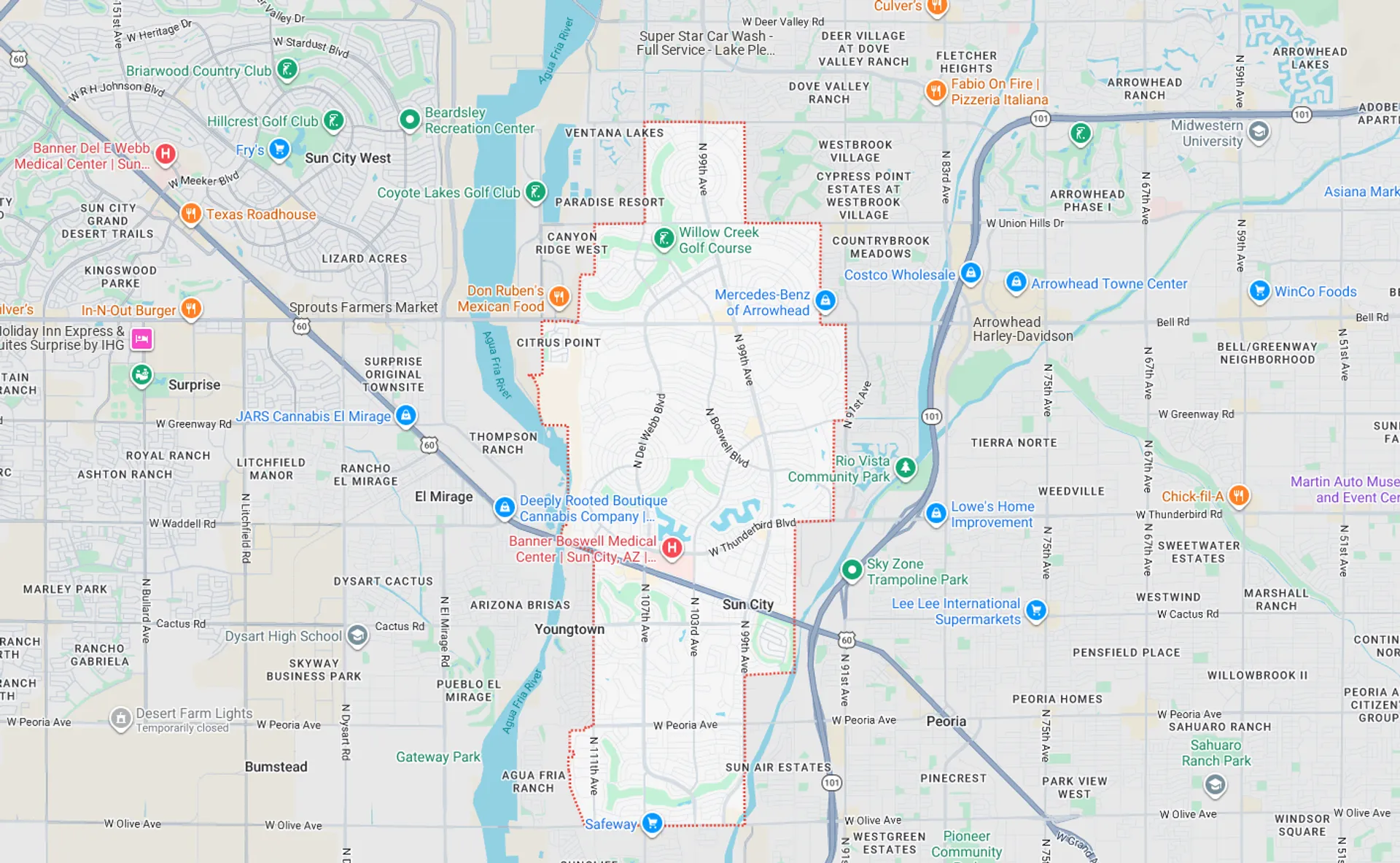 A Screenshot from Google Maps of the Sun City, AZ Area that Shamrock Heating & Cooling does HVAC Service in.