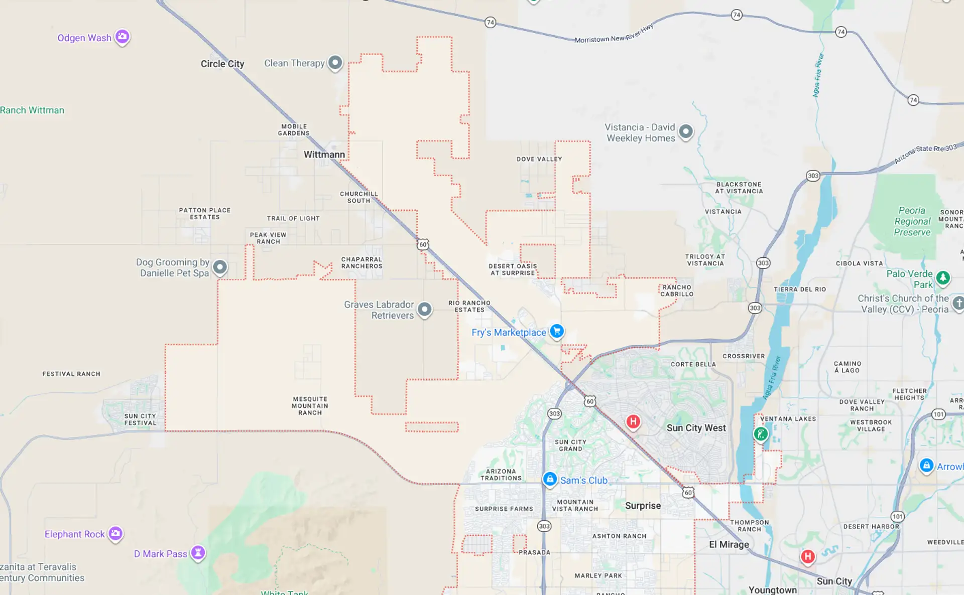 A Screenshot from Google Maps of the Surprise, AZ Area that Shamrock Heating & Cooling does HVAC Service in.