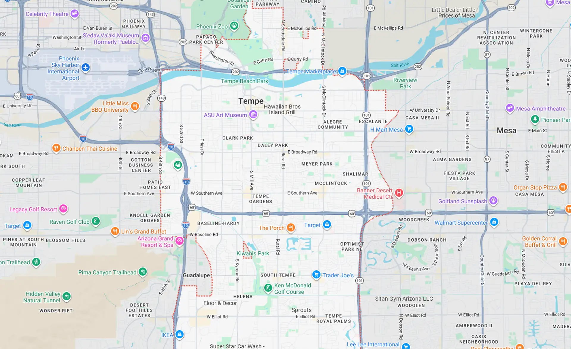 A Screenshot from Google Maps of the Tempe, AZ Area that Shamrock Heating & Cooling does HVAC Service in.