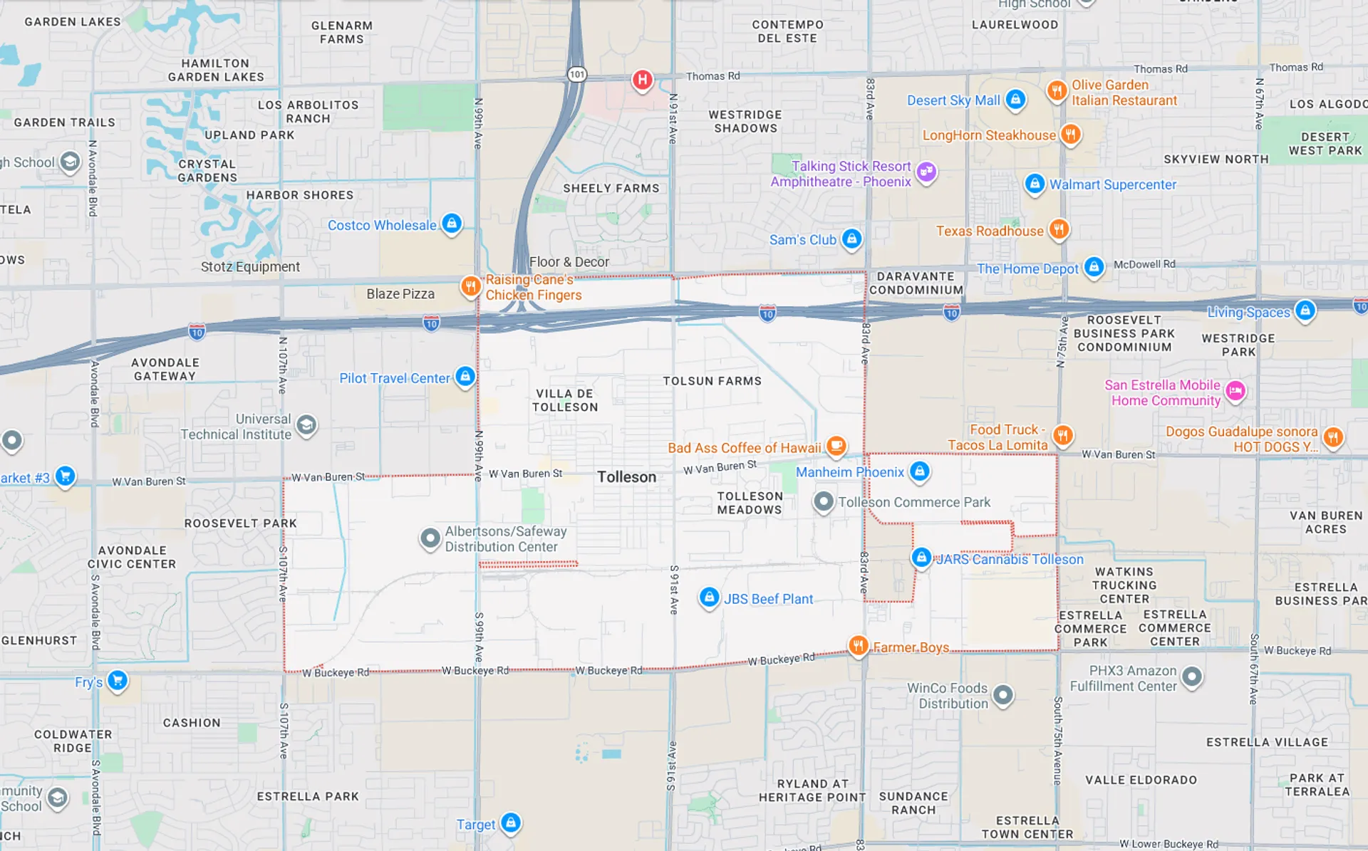 A Screenshot from Google Maps of the Tolleson, AZ Area that Shamrock Heating & Cooling does HVAC Service in.