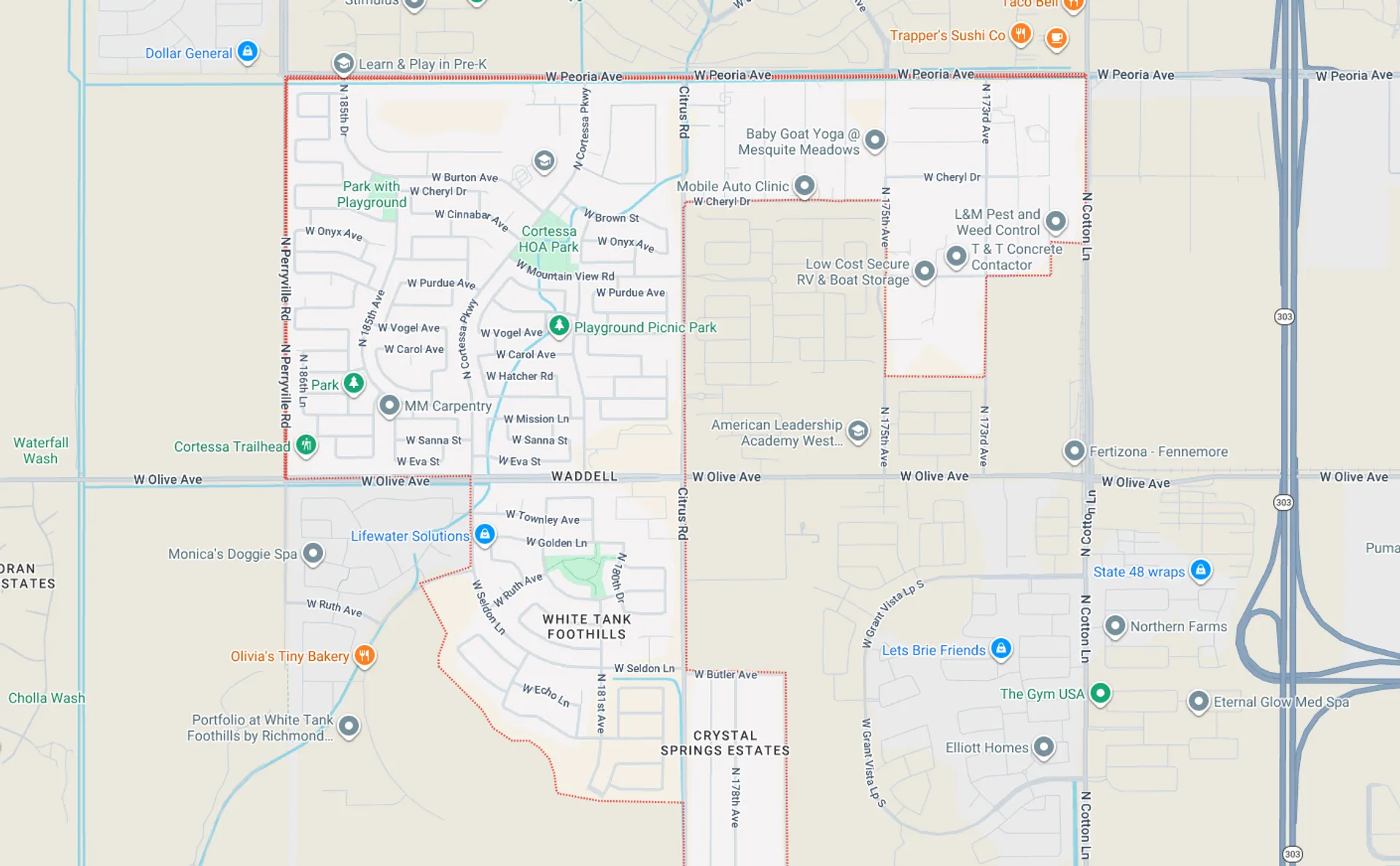 A Screenshot from Google Maps of the Waddell, AZ Area that Shamrock Heating & Cooling does HVAC Service in.