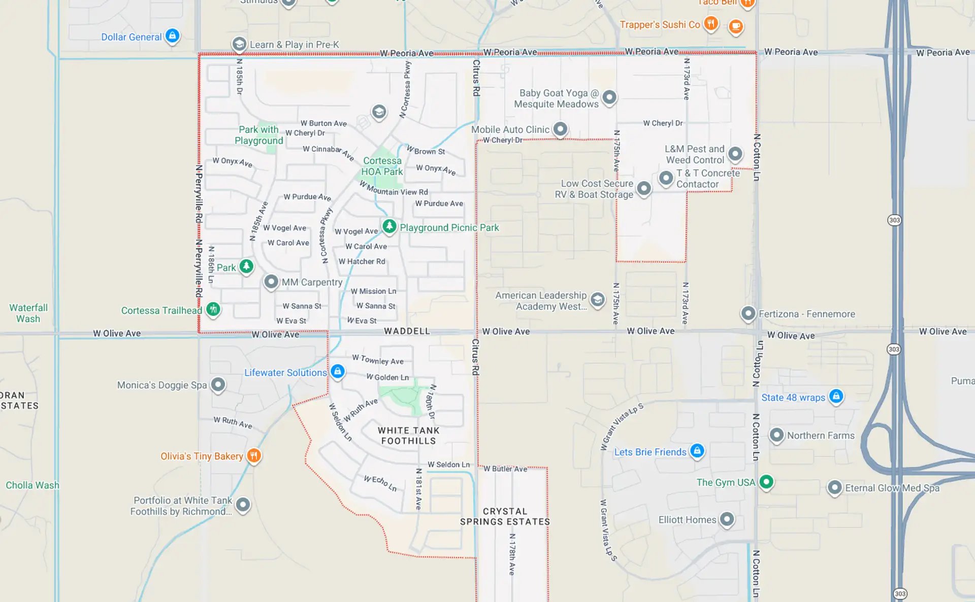 A Screenshot from Google Maps of the Waddell, AZ Area that Shamrock Heating & Cooling does HVAC Service in.