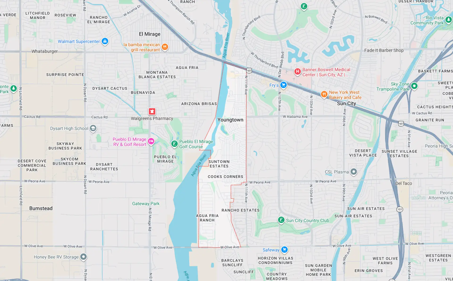 A Screenshot from Google Maps of the Youngtown, AZ Area that Shamrock Heating & Cooling does HVAC Service in.